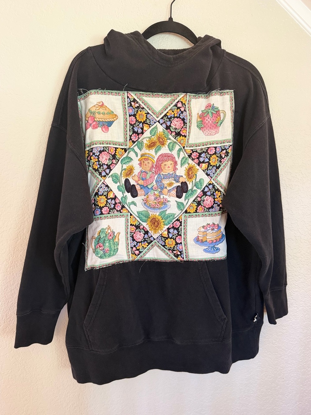 Reworked Black Hoodie with Vintage Raggedy Ann Quilt Fabric Patch size large